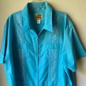 Haband Guayabera Men's Sky Blue White Cuban Cigar Zip Top Shirt Size 3XL
